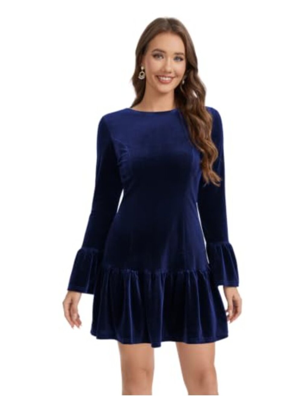 Velvet Fit and Flare Mini Dress Bell Sleeve Ruffle Hem Cocktail Party